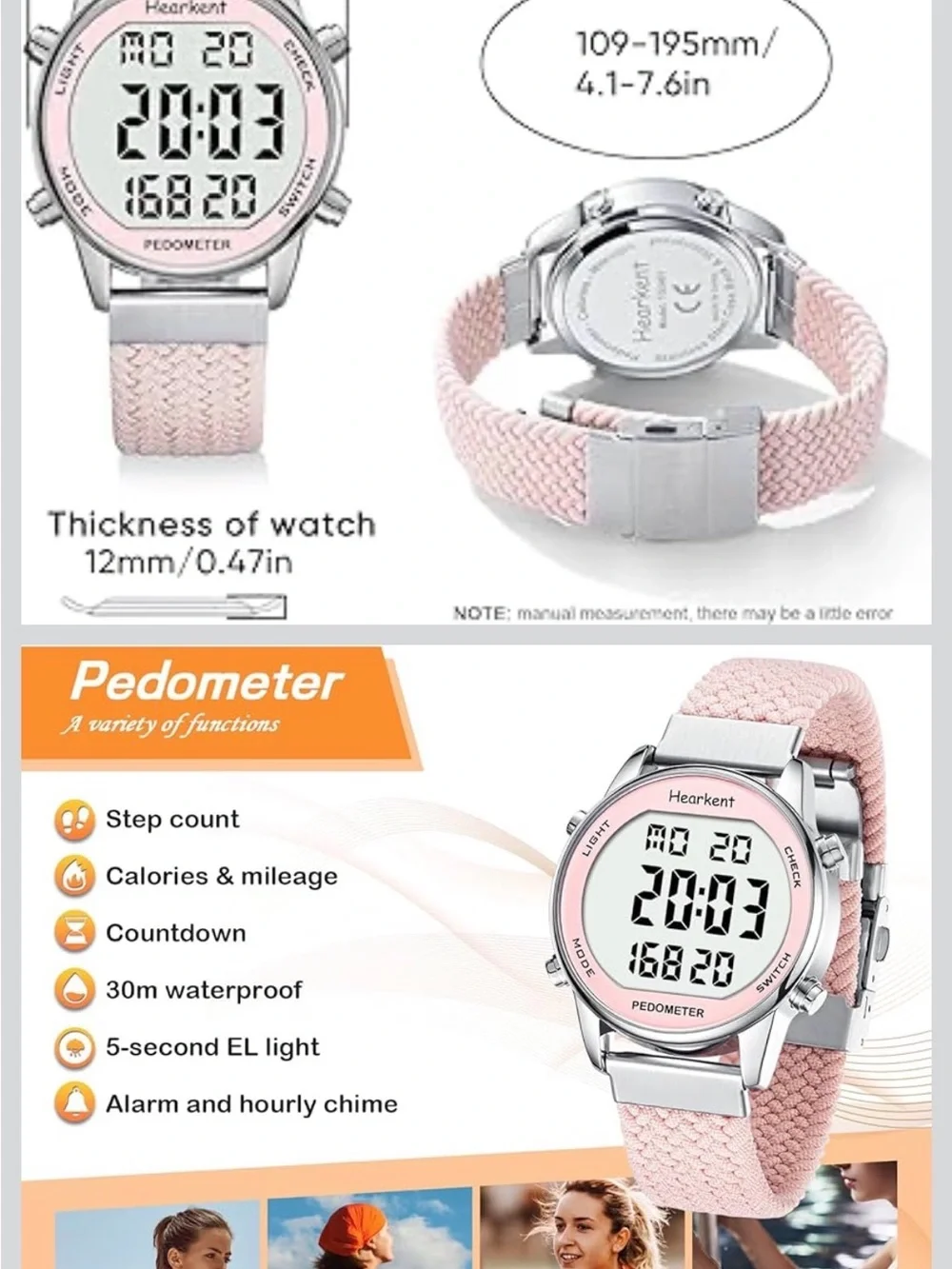 NIB Hearkent Pedometer Watch-Steps,Miles,Calorie Count,Waterproof.Stopwatch,Pink